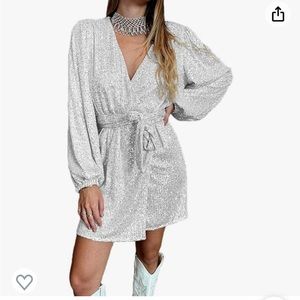 Sparkly sequin silver mini wrap dress